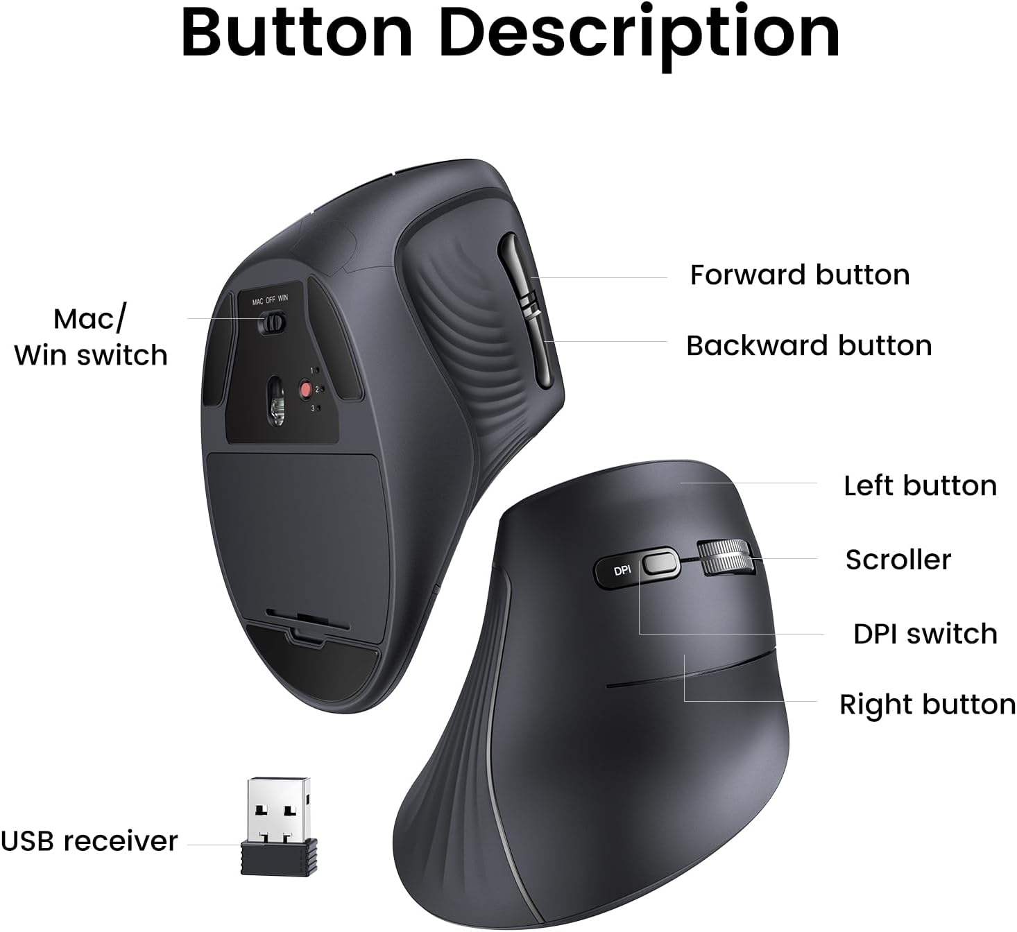 Ergonomic Mouse Vertical - UGREEN MU008 Verticale draadloze Bluetooth-muis Ergonomische